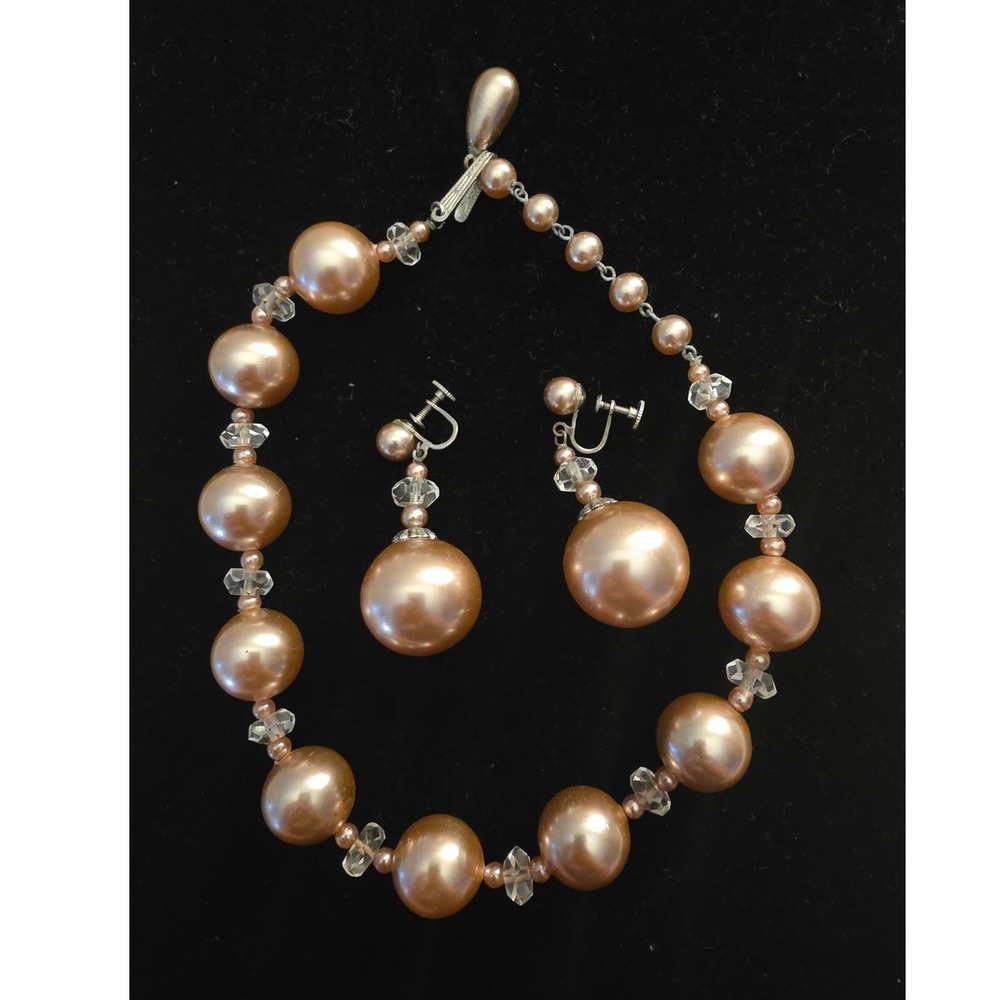 Vintage Champagne Faux Pearl Choker Necklace and Screw Back Earrings Set